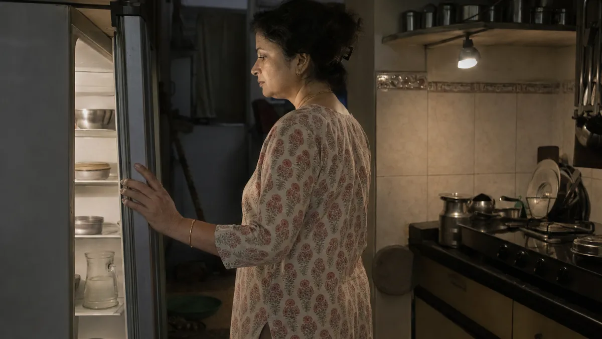 A woman standing at an open refrigerator late at night, lit only by the fridge light