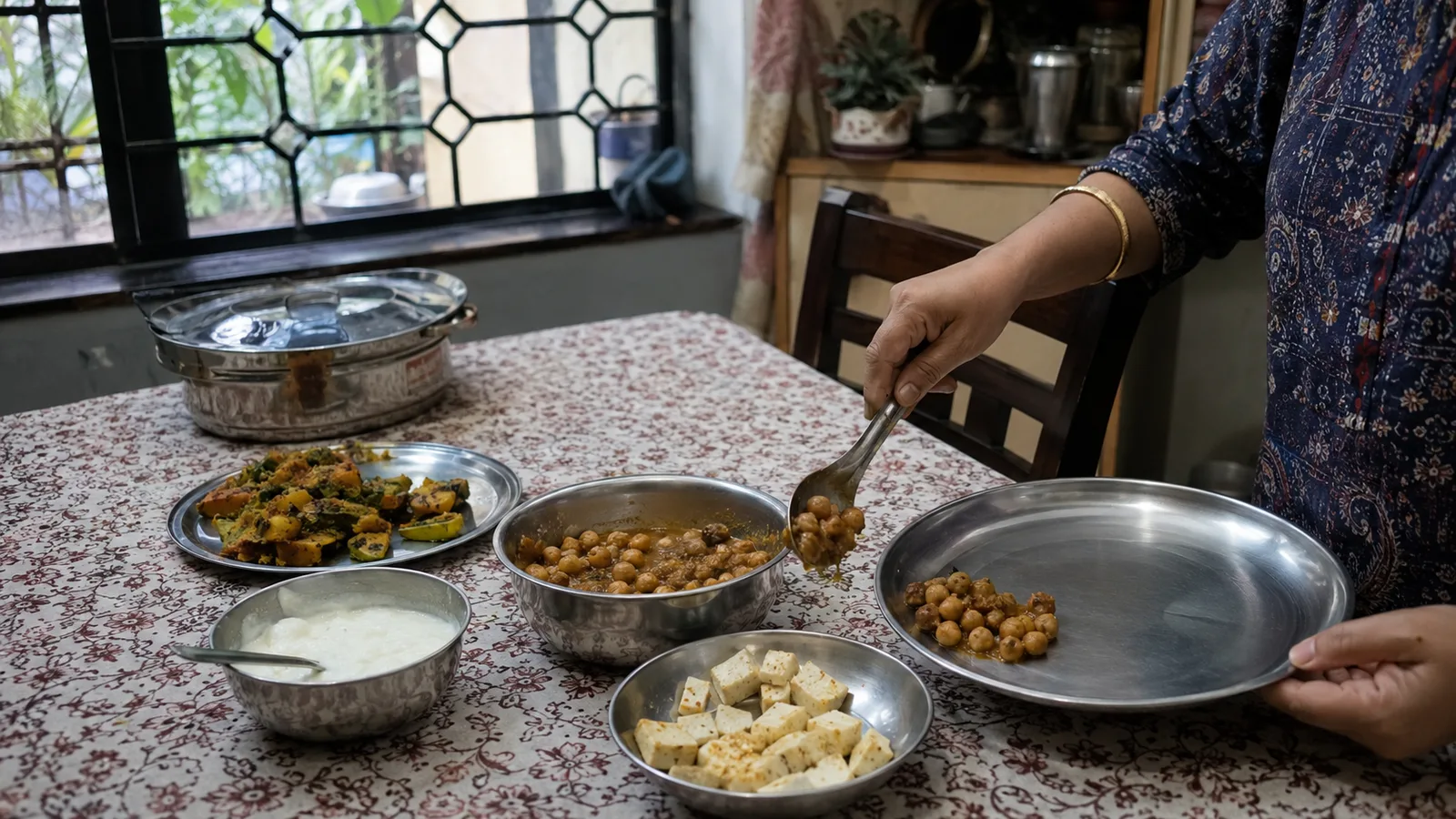 A simple Indian breakfast of dal, curd, paneer and vegetables on a steel plate