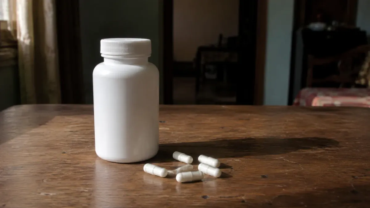An unmarked white supplement bottle with loose capsules beside it, lit from the side in a dim room