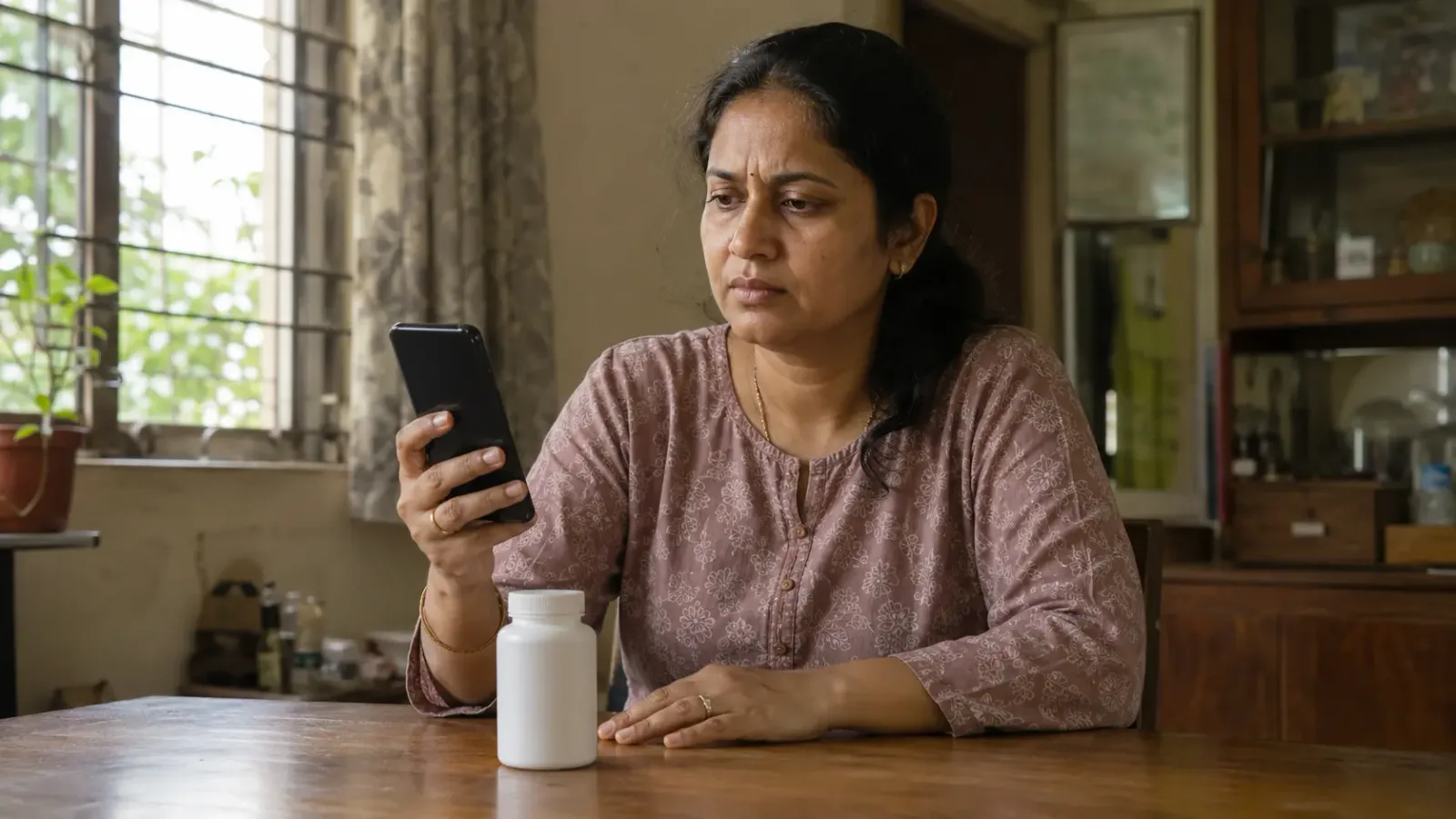 A woman at a table checking her phone with an unmarked white supplement bottle standing in front of her