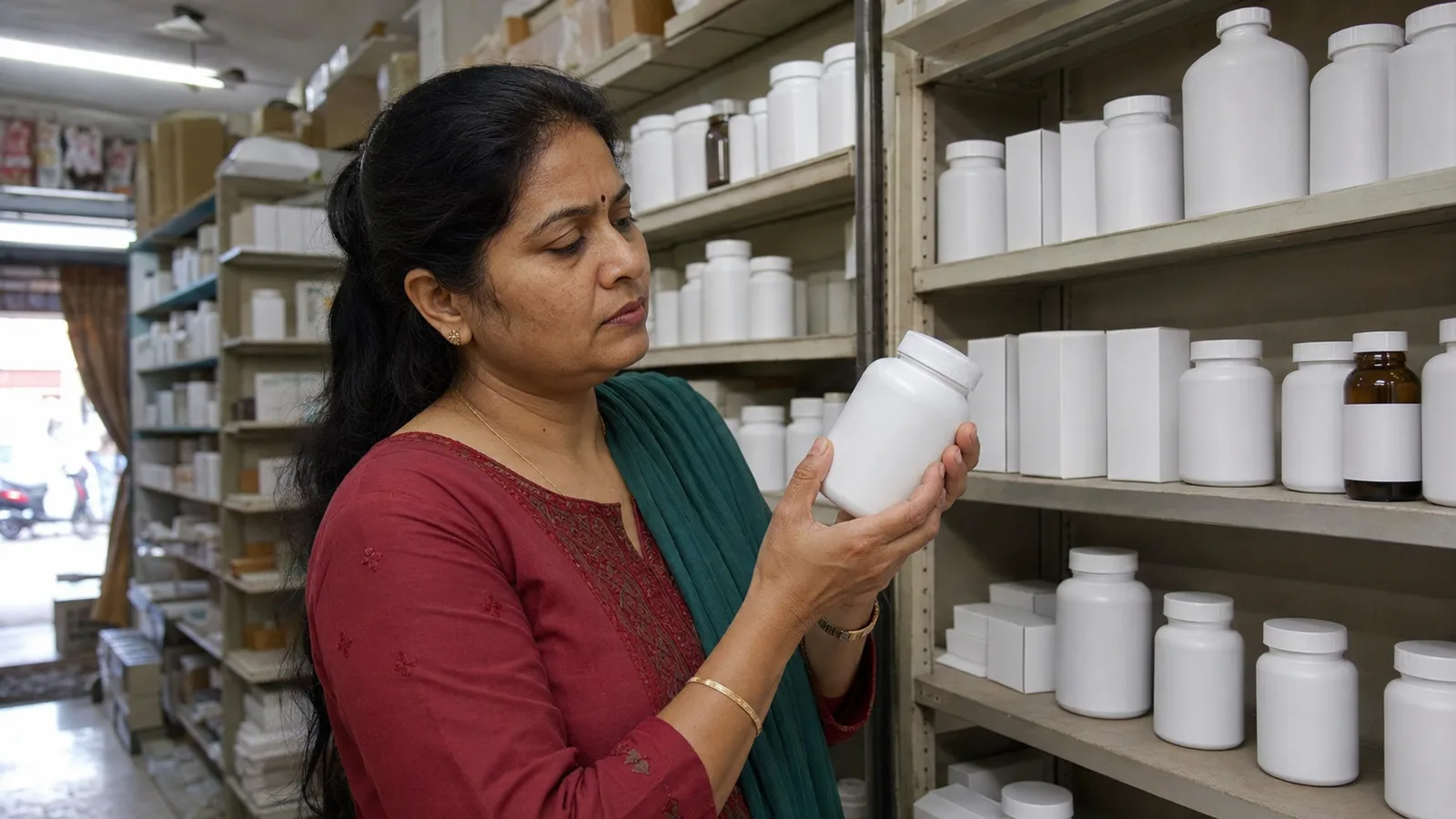 A woman in a chemist shop turning an unmarked white container to read the back