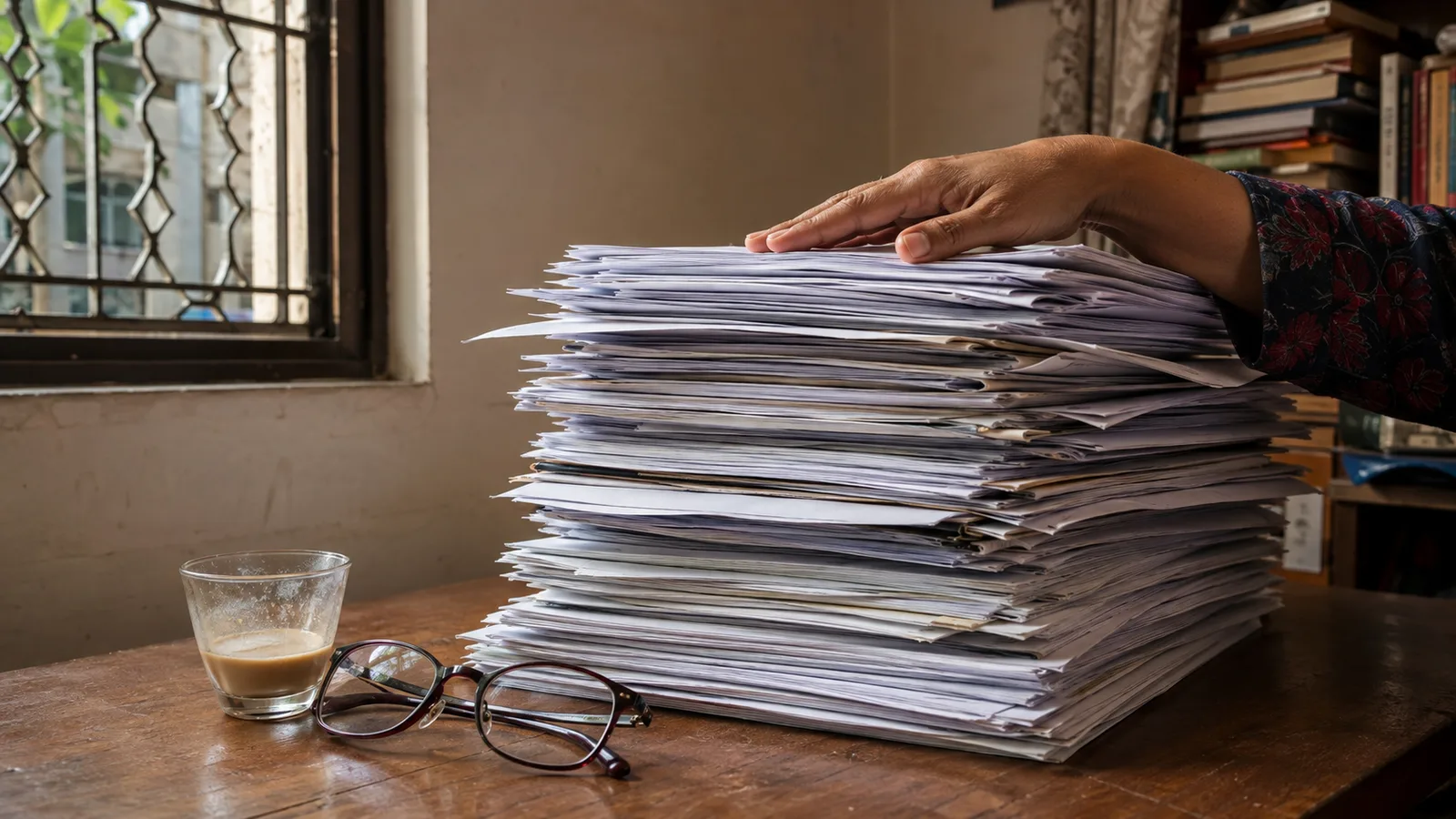 A tall stack of printed research papers on a desk with a hand resting on top