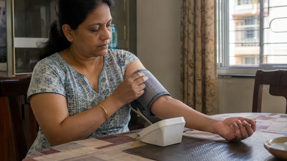 A woman at a dining table fitting a home blood pressure monitor cuff around her upper arm