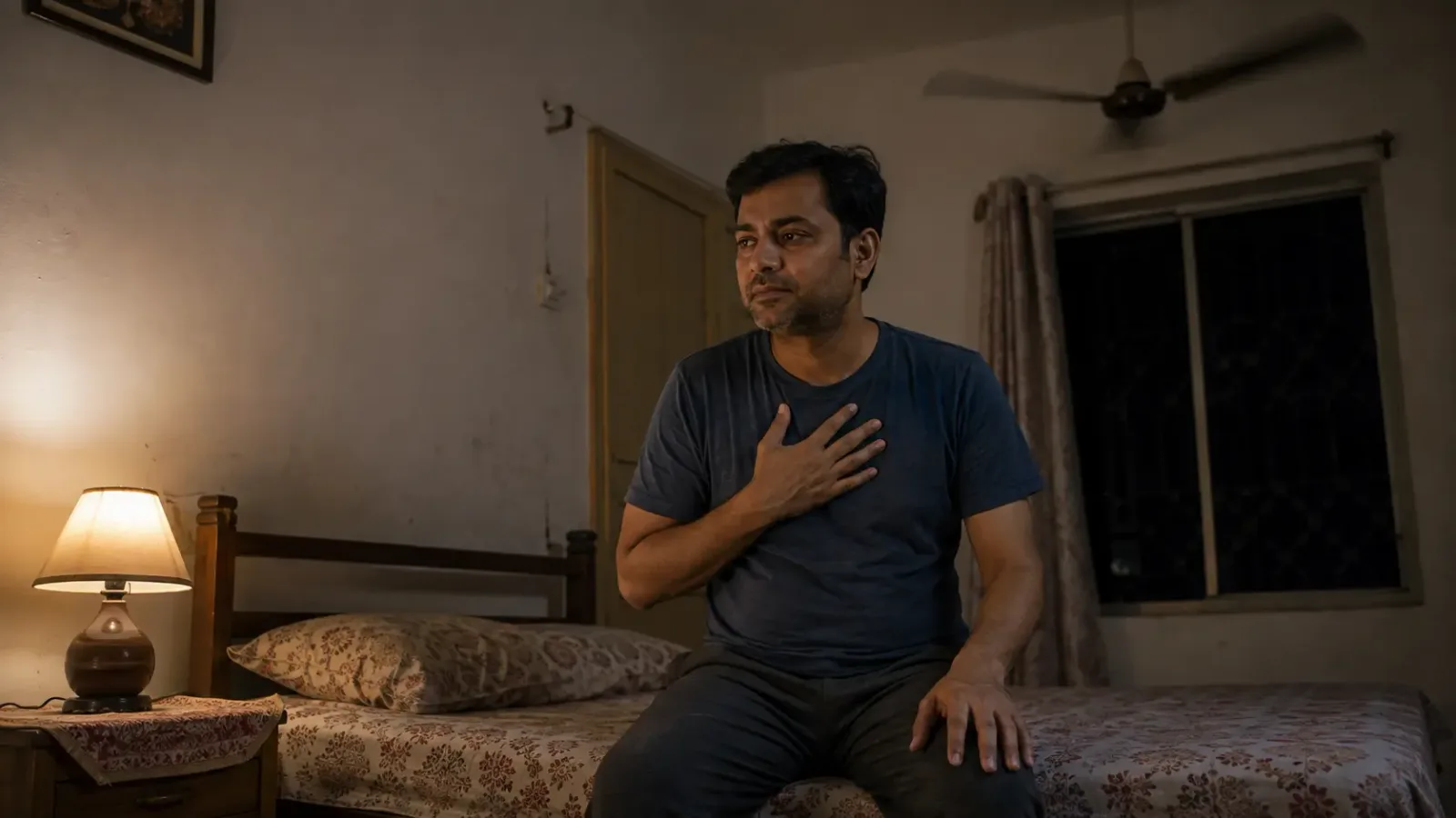 A man sitting awake on the edge of his bed at night with one hand resting on his chest