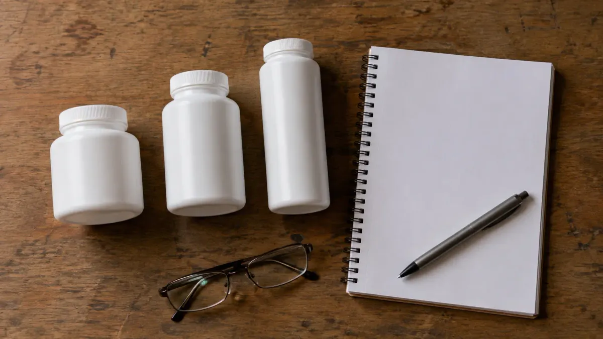 Three unmarked white supplement bottles of different sizes beside a blank notebook, pen and reading glasses