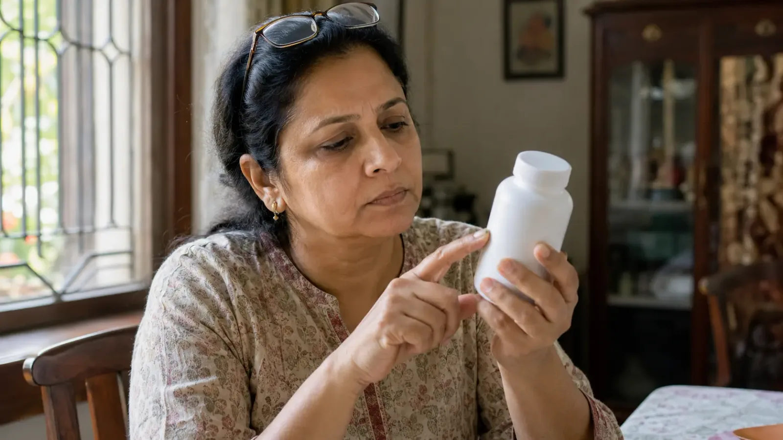 A woman turning an unmarked white supplement bottle around to read the back panel, tracing a line with her finger