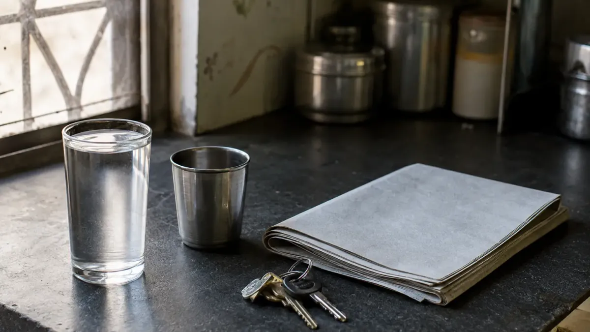 A glass of water beside a steel tumbler on a kitchen counter in morning light