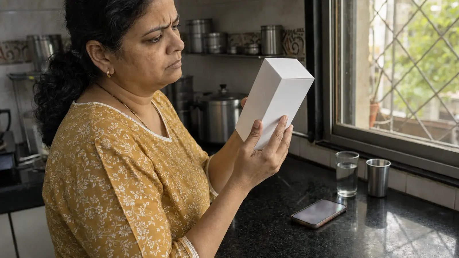 A woman reading the back of a plain unmarked box while her phone lies on the counter beside her