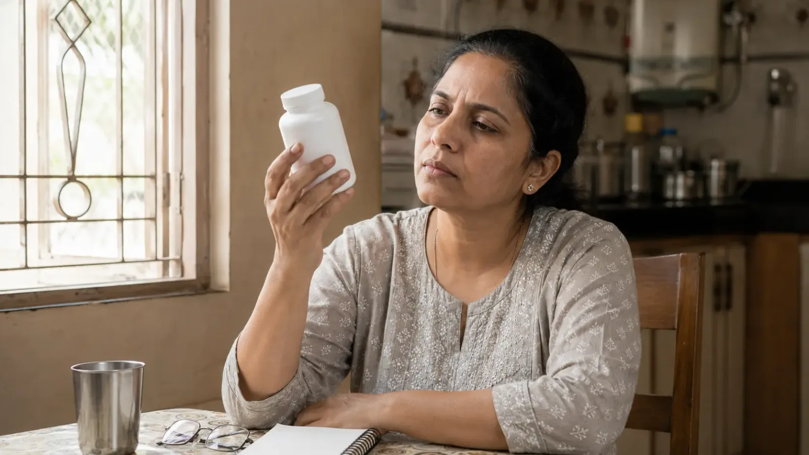 A woman at a kitchen table holding an unmarked white supplement bottle up close, reading the back of it