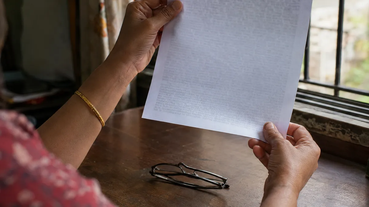 Hands holding a printed page up towards a window to check the small print