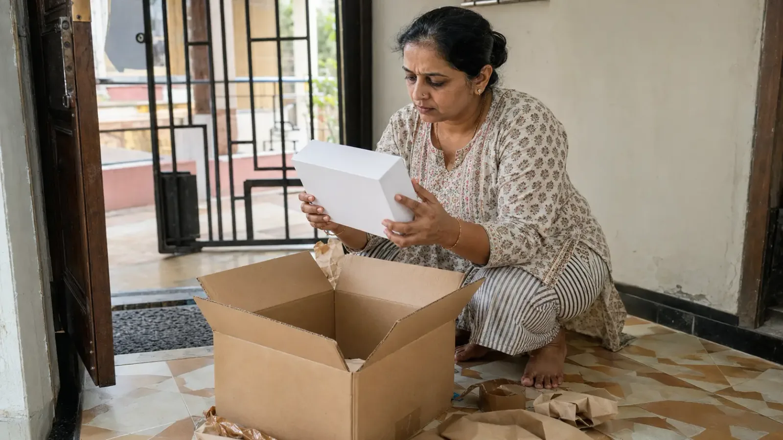 A woman crouching beside an opened courier parcel, examining a plain unmarked box