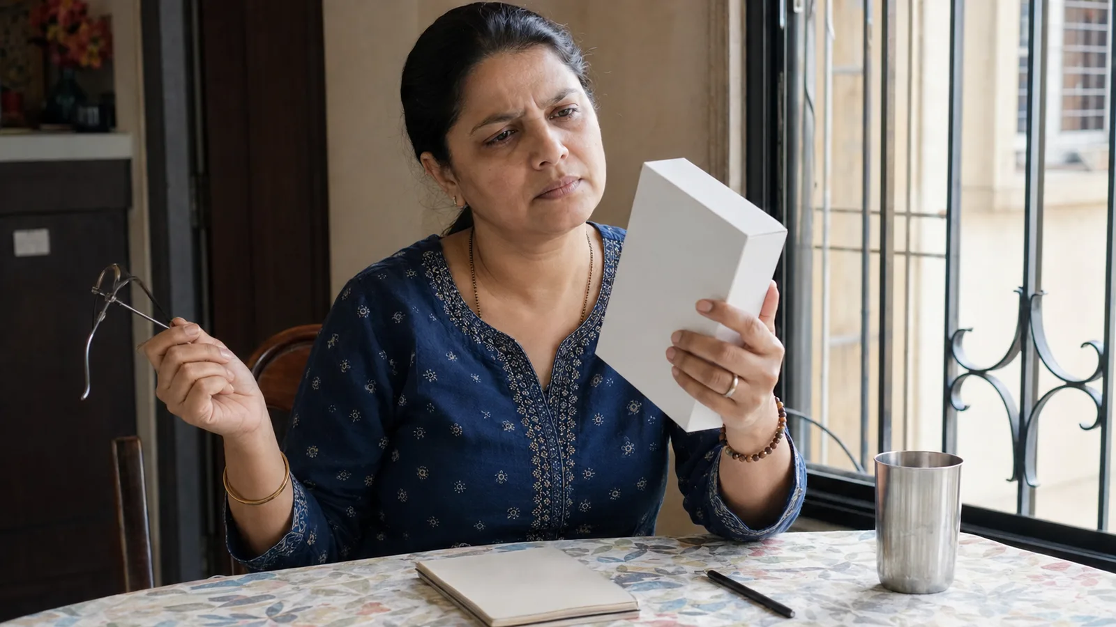 A woman reading the small print on the back of a plain unmarked box at her dining table
