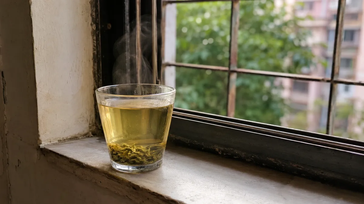 A cup of freshly brewed green tea on a windowsill with loose leaves settling at the bottom