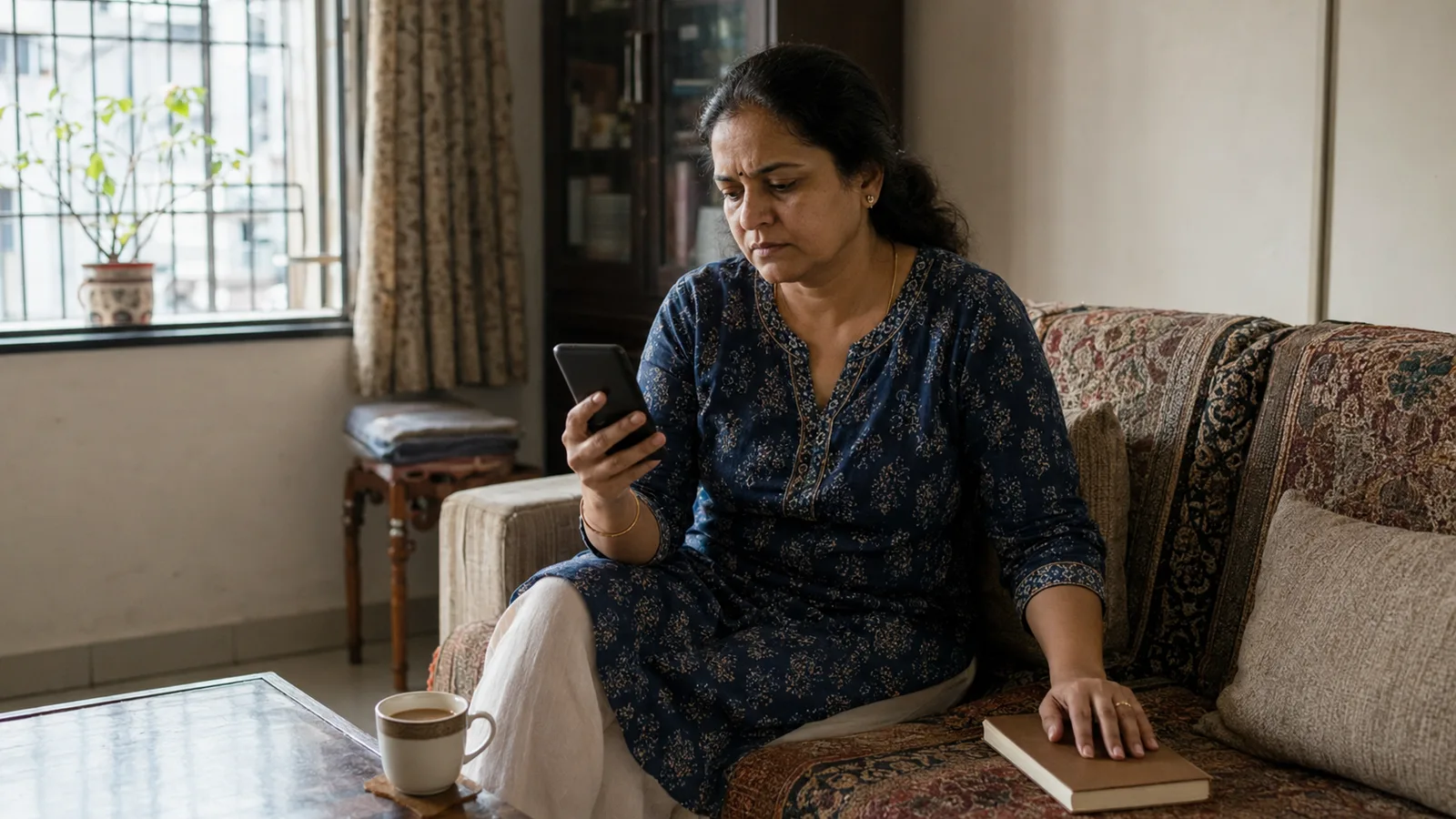 A woman on a sofa looking at her phone with a notebook resting under her other hand