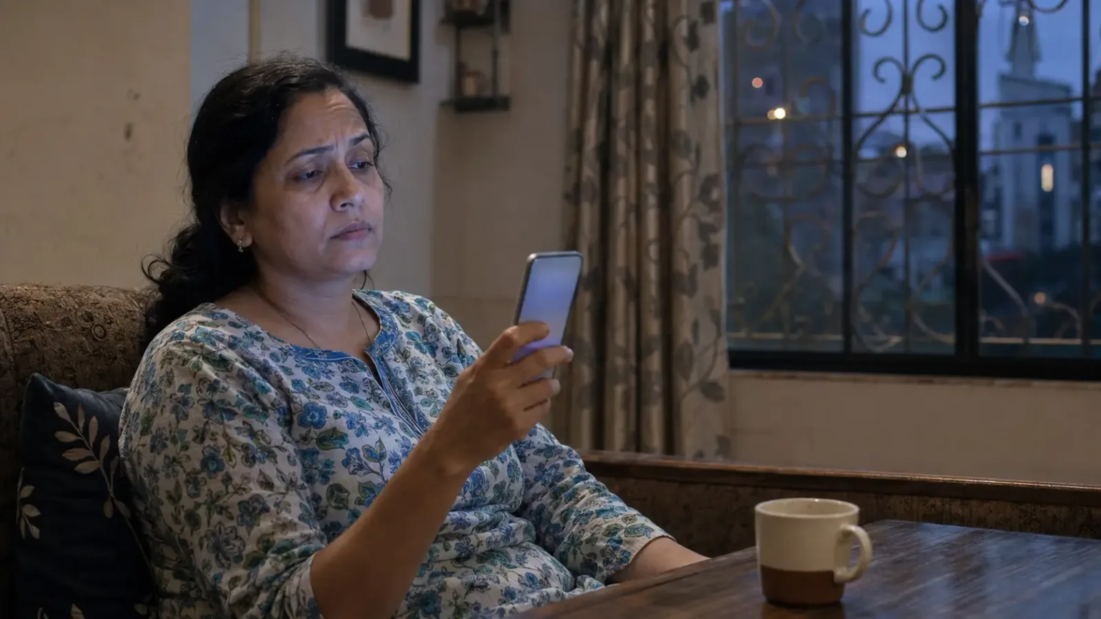 A woman reading her phone in the evening with a sceptical expression, screen lighting her face