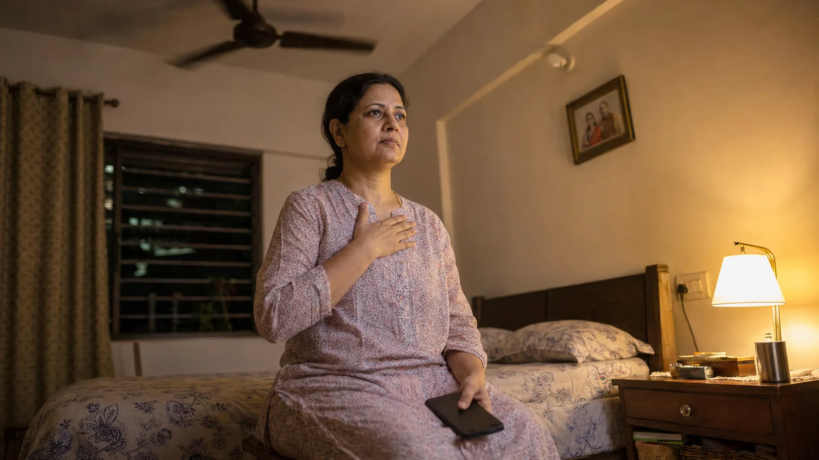 A woman sitting on the edge of her bed at night with one hand resting on her chest