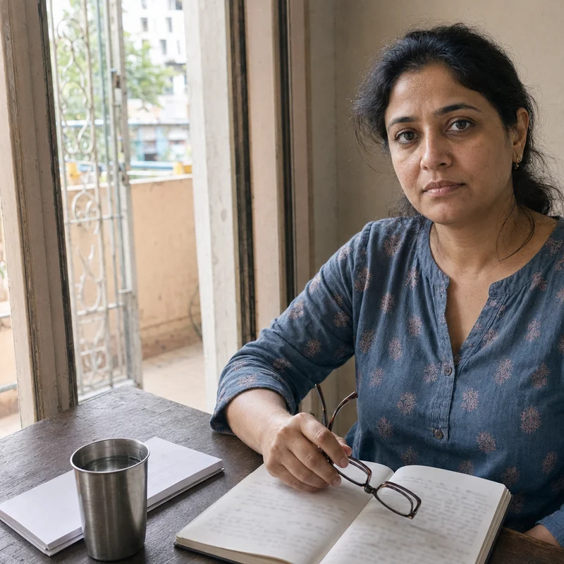 Priya Raghavan at her desk in Pune, reading glasses in hand